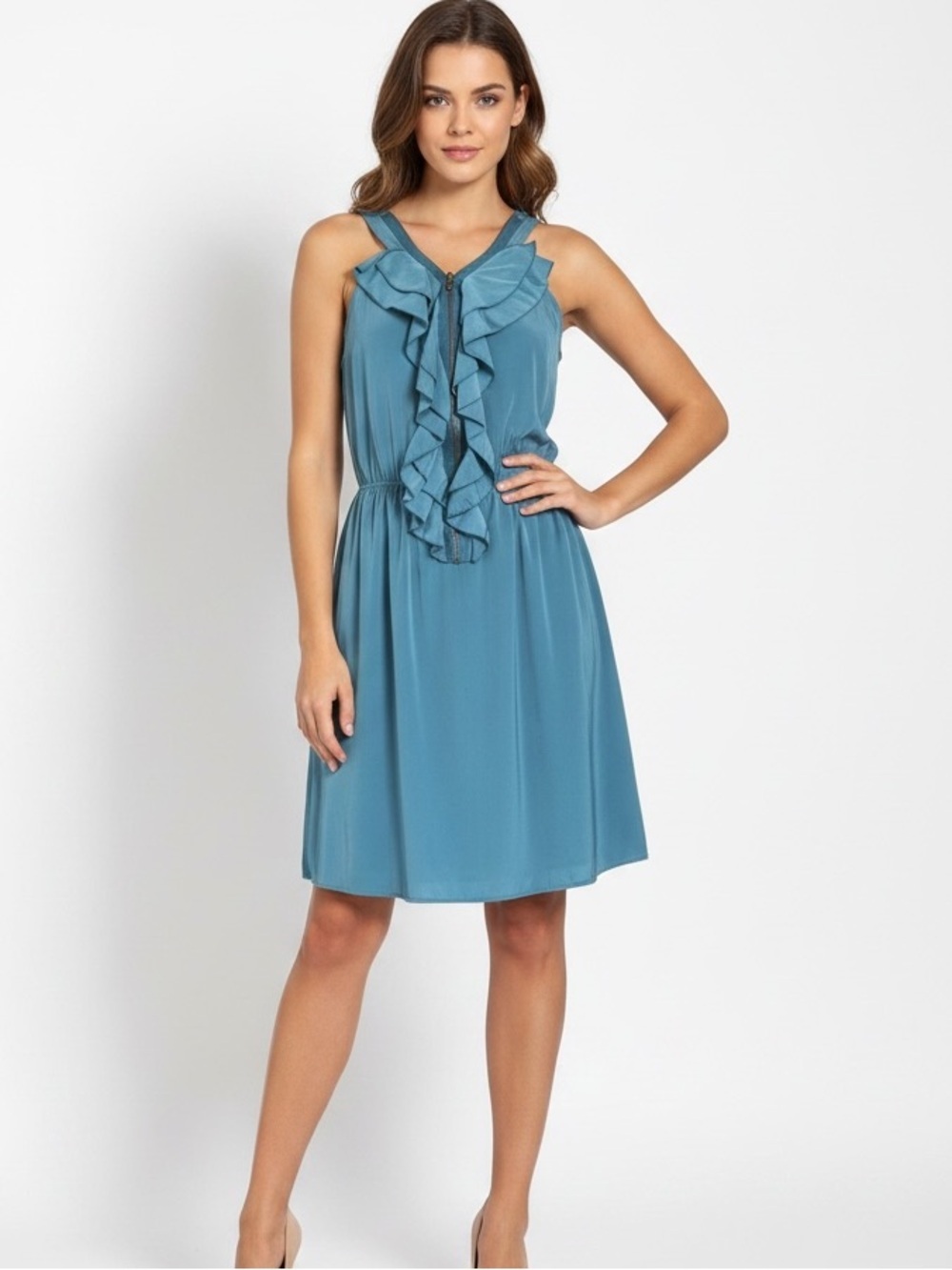 Franchesca Ruffle and Zip Front Closure Aquamarine Color Sz L Silky | EUC